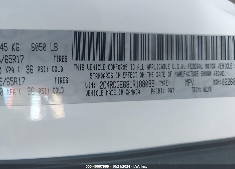 2020 DODGE GRAND CARAVAN GT VIN: 2C4RDGEG8LR188089