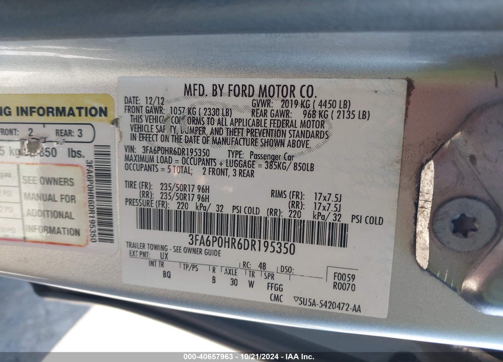 2013 FORD FUSION SE VIN: 3FA6P0HR6DR195350