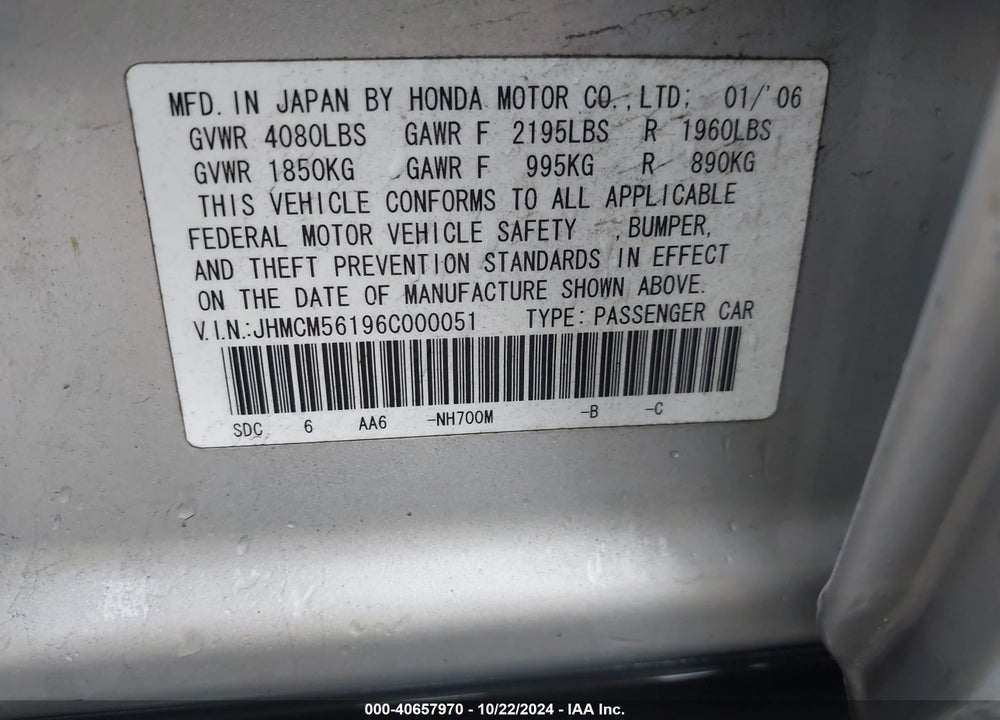 2006 HONDA ACCORD 2.4 VP VIN: JHMCM56196C000051