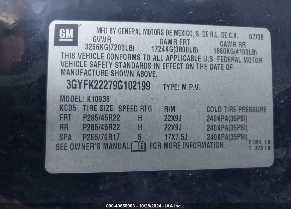 2009 CADILLAC ESCALADE EXT STANDARD VIN: 3GYFK22279G102199