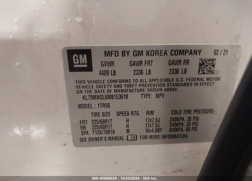 2021 CHEVROLET TRAILBLAZER AWD LS VIN: KL79MNSL6MB153618