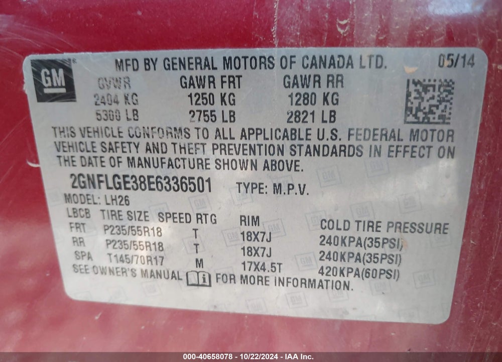 2014 CHEVROLET EQUINOX 2LT VIN: 2GNFLGE38E6336501