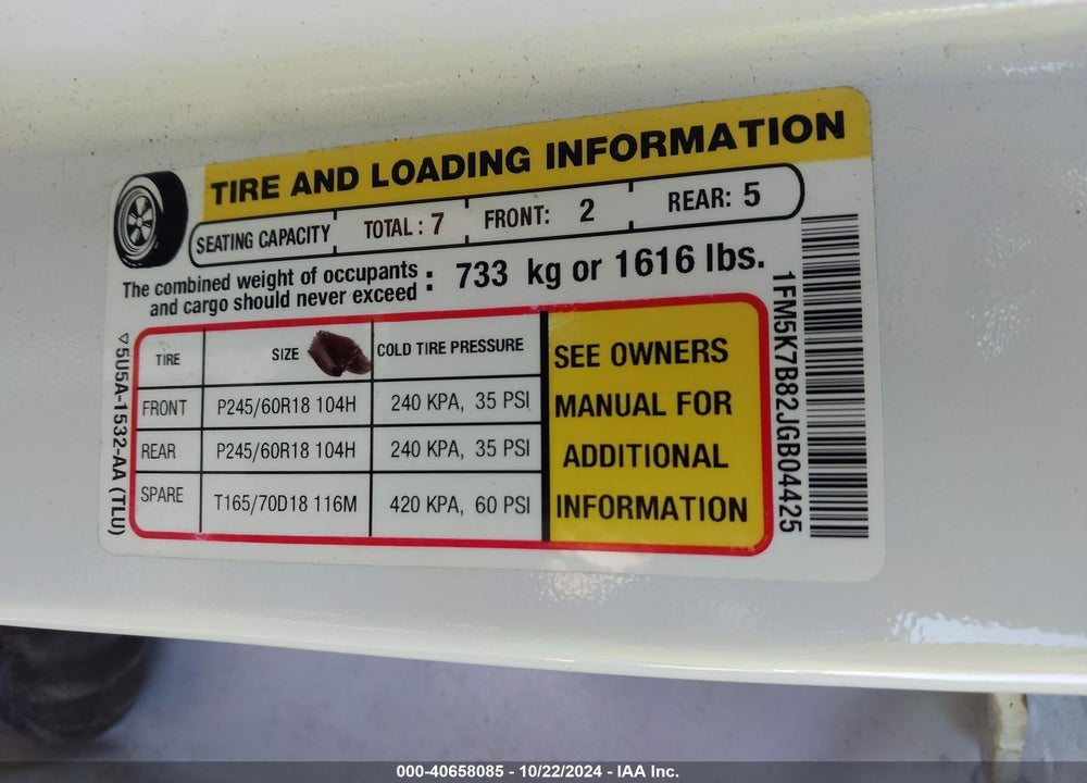 2018 FORD EXPLORER VIN: 1FM5K7B82JGB04425