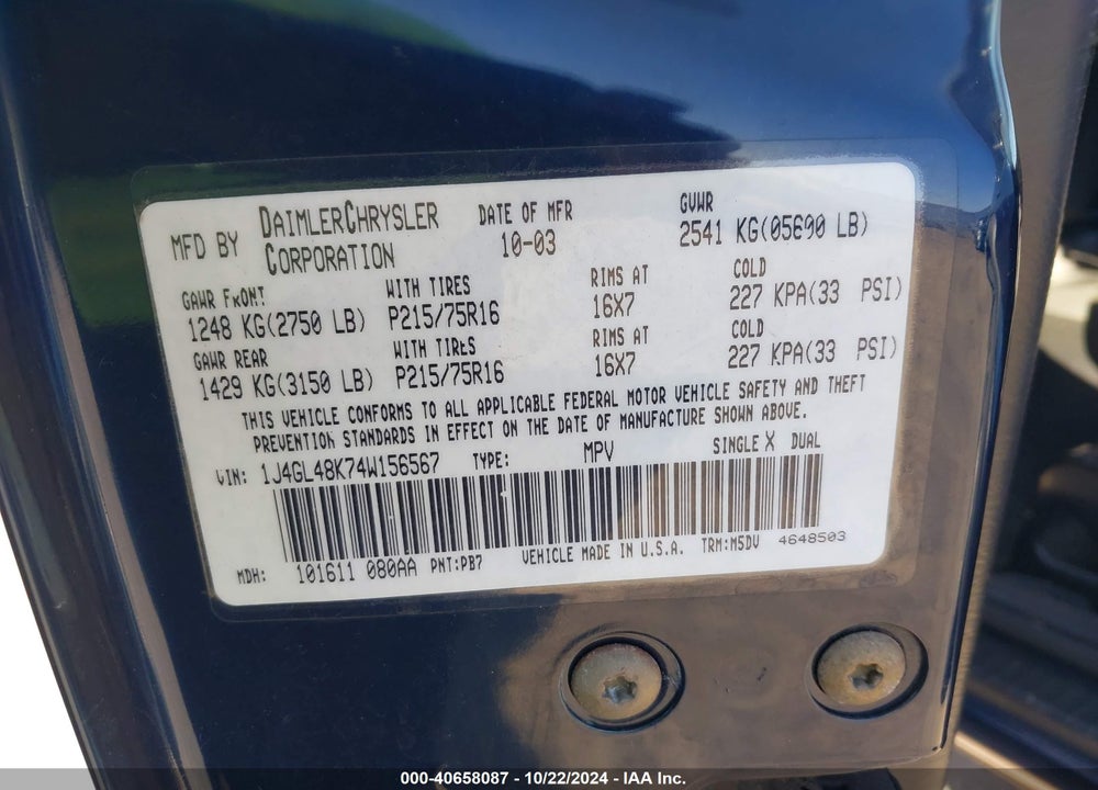 2004 JEEP LIBERTY SPORT VIN: 1J4GL48K74W156567