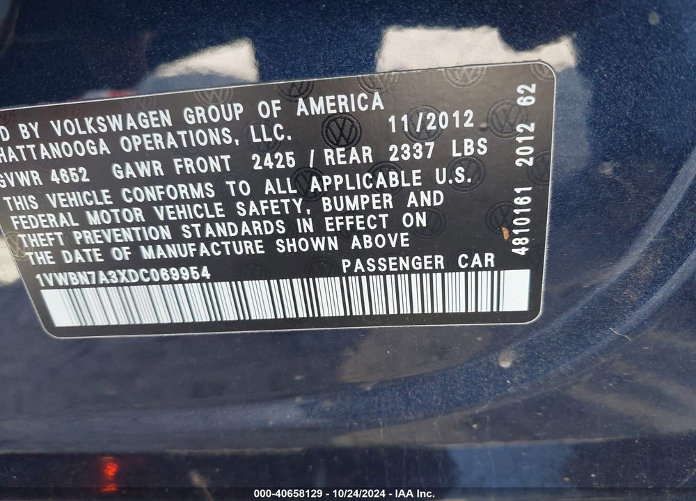 2013 VOLKSWAGEN PASSAT 2.0L TDI SE VIN: 1VWBN7A3XDC069954