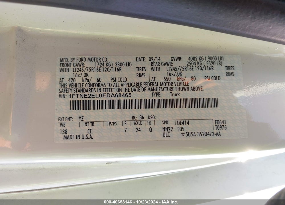 2014 FORD E-250 COMMERCIAL VIN: 1FTNE2EL0EDA68465