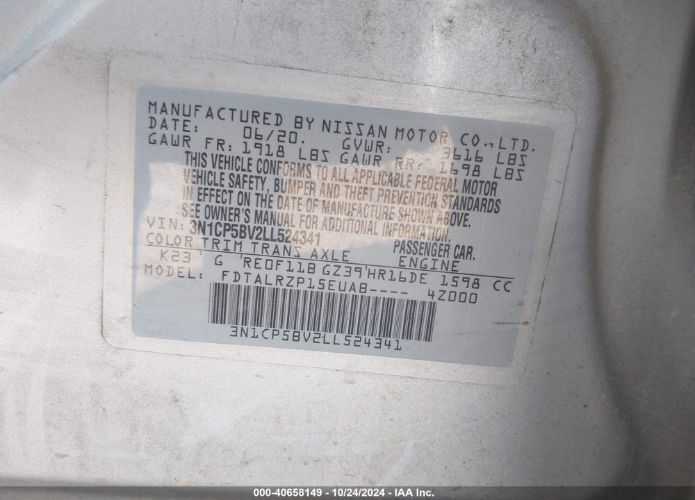 2020 NISSAN KICKS VIN: 3N1CP5BV2LL524341