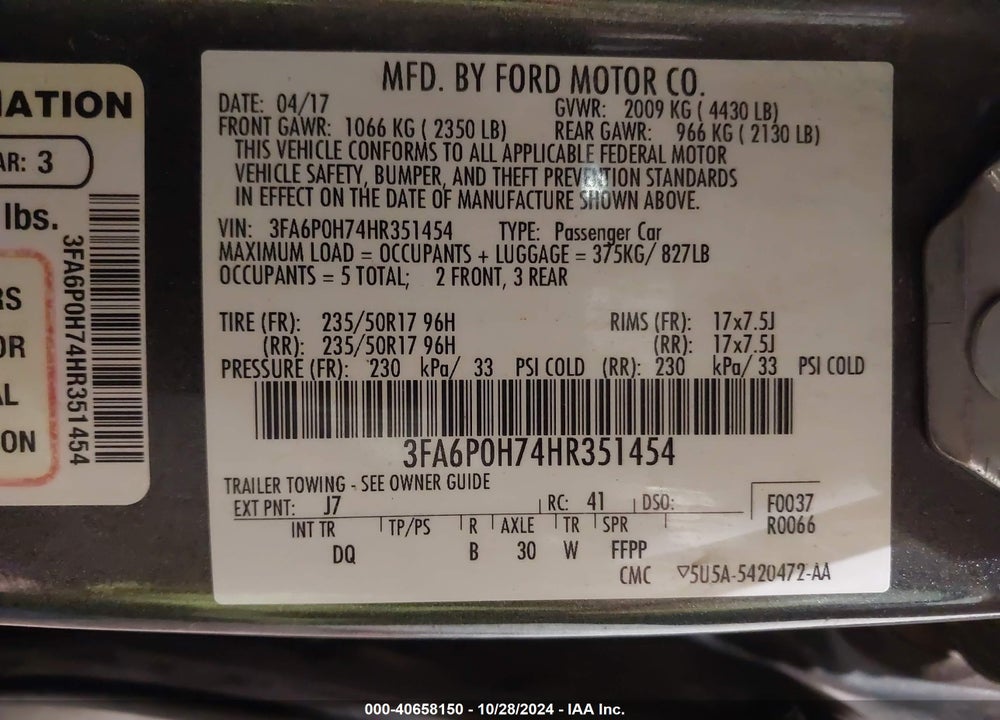 2017 FORD FUSION VIN: 3FA6P0H74HR351454
