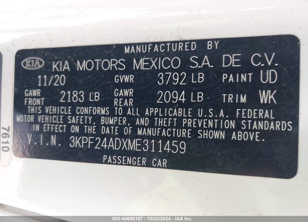 2021 KIA FORTE VIN: 3KPF24ADXME311459