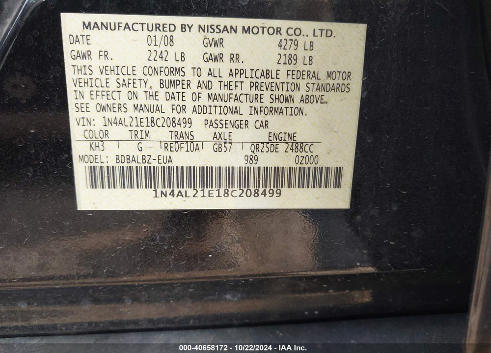 2008 NISSAN ALTIMA 2.5 S VIN: 1N4AL21E18C208499