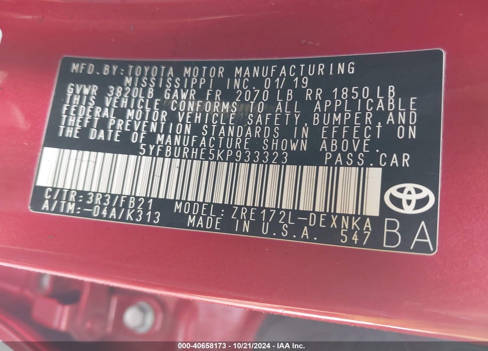 2019 TOYOTA COROLLA LE VIN: 5YFBURHE5KP933323