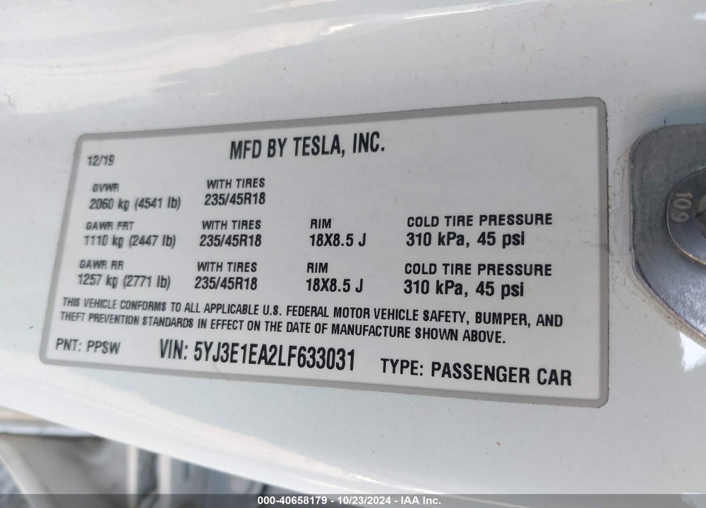 2020 TESLA MODEL 3 STANDARD RANGE PLUS REAR-WHEEL DRIVE/STANDARD RANGE REAR-WHEEL DRIVE VIN: 5YJ3E1EA2LF633031