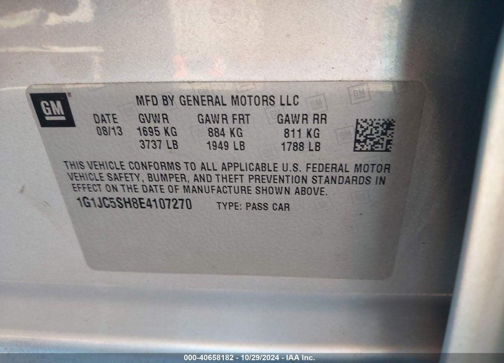 2014 CHEVROLET SONIC LT AUTO VIN: 1G1JC5SH8E4107270