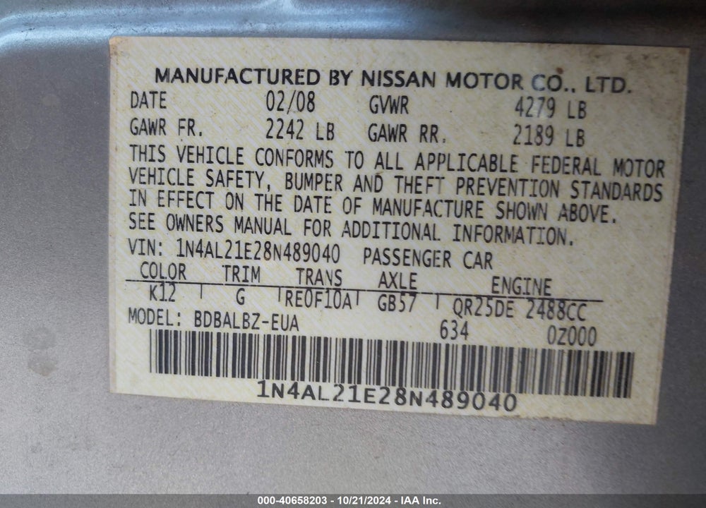 2008 NISSAN ALTIMA 2.5 S VIN: 1N4AL21E28N489040