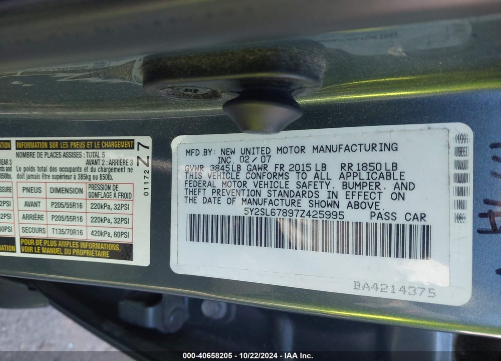 2007 PONTIAC VIBE VIN: 5Y2SL67897Z425995
