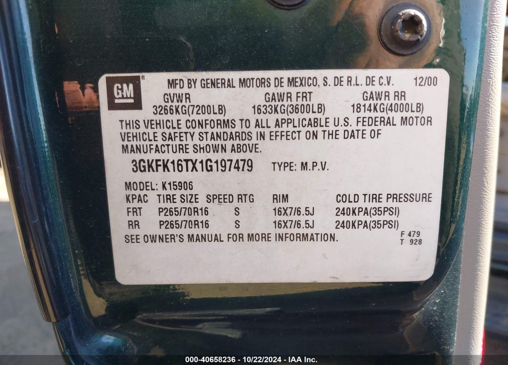 2001 GMC YUKON XL 1500 SLT VIN: 3GKFK16TX1G197479