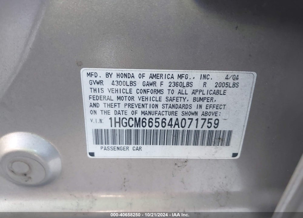 2004 HONDA ACCORD 3.0 EX VIN: 1HGCM66564A071759