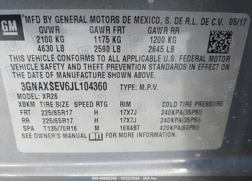 2018 CHEVROLET EQUINOX LT VIN: 3GNAXSEV6JL104360