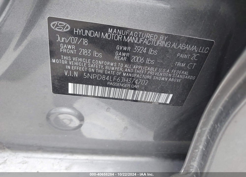 2018 HYUNDAI ELANTRA SEL VIN: 5NPD84LF6JH374702