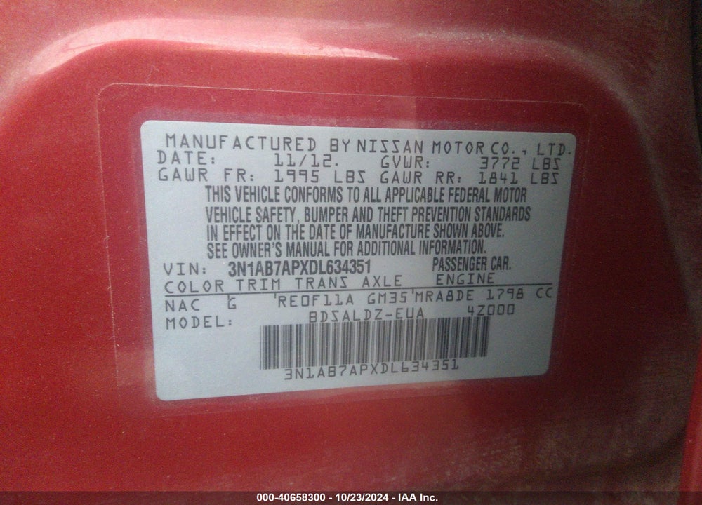 2013 NISSAN SENTRA SV VIN: 3N1AB7APXDL634351