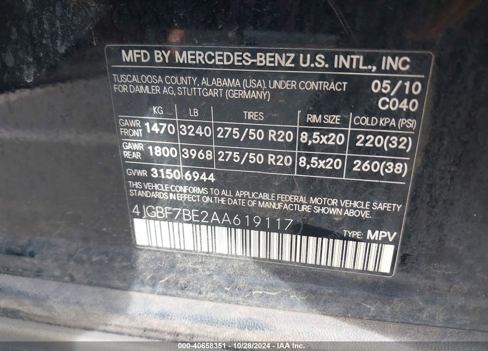 2010 MERCEDES-BENZ GL 450 4MATIC VIN: 4JGBF7BE2AA619117