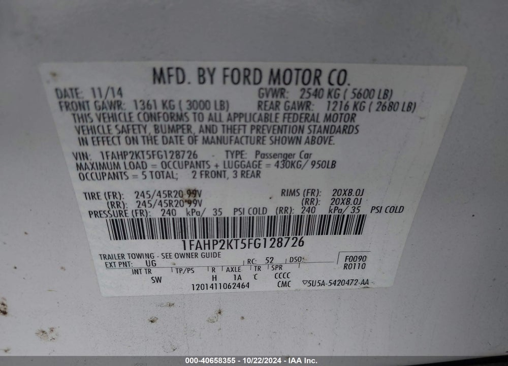 2015 FORD TAURUS SHO VIN: 1FAHP2KT5FG128726