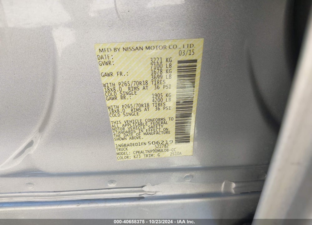 2015 NISSAN TITAN SV VIN: 1N6BA0ED1FN506219