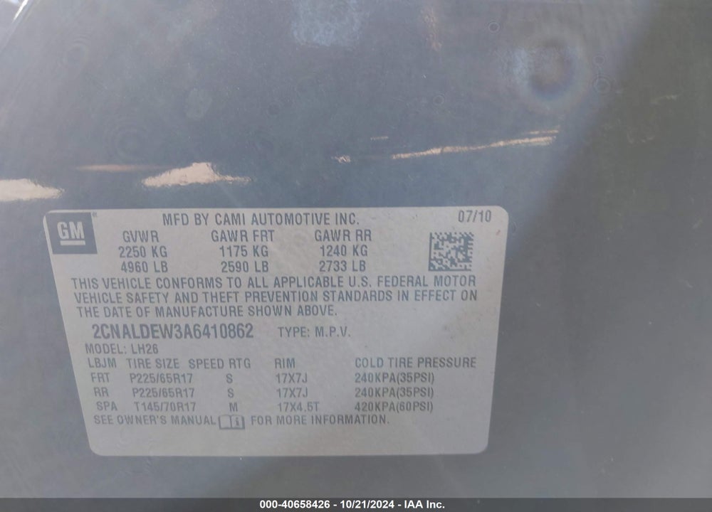 2010 CHEVROLET EQUINOX LT VIN: 2CNALDEW3A6410862