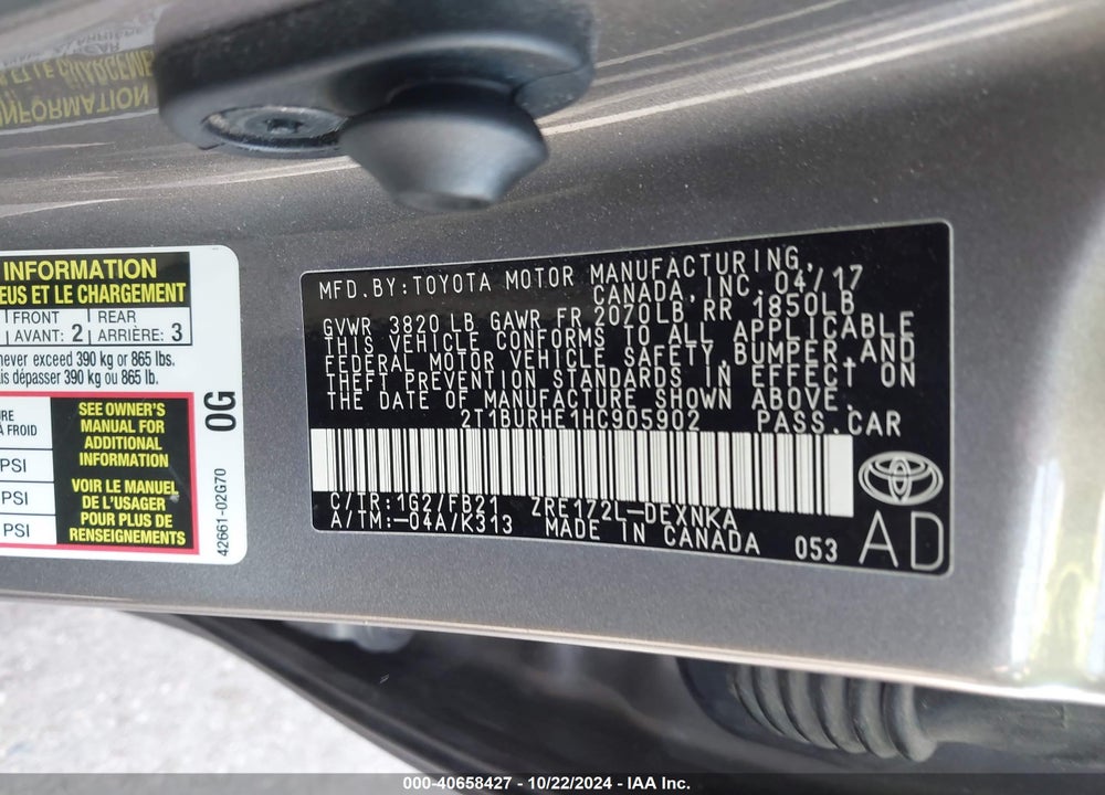 2017 TOYOTA COROLLA LE VIN: 2T1BURHE1HC905902