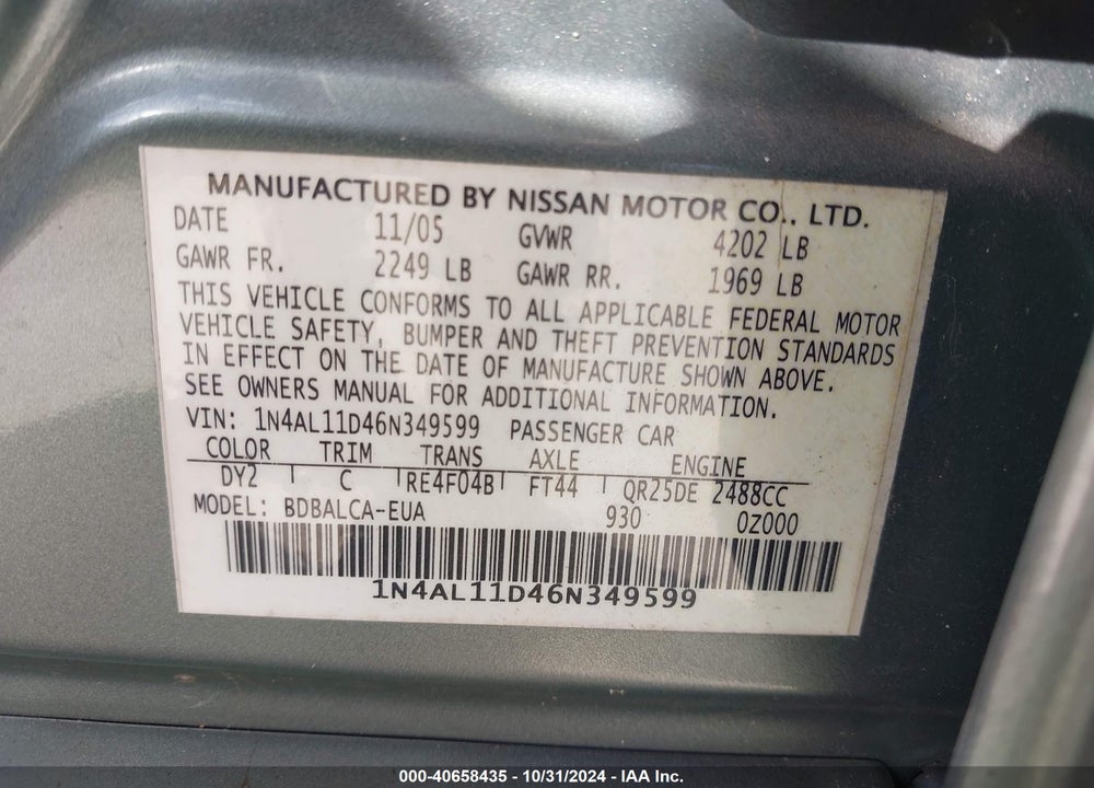 2006 NISSAN ALTIMA 2.5 S VIN: 1N4AL11D46N349599