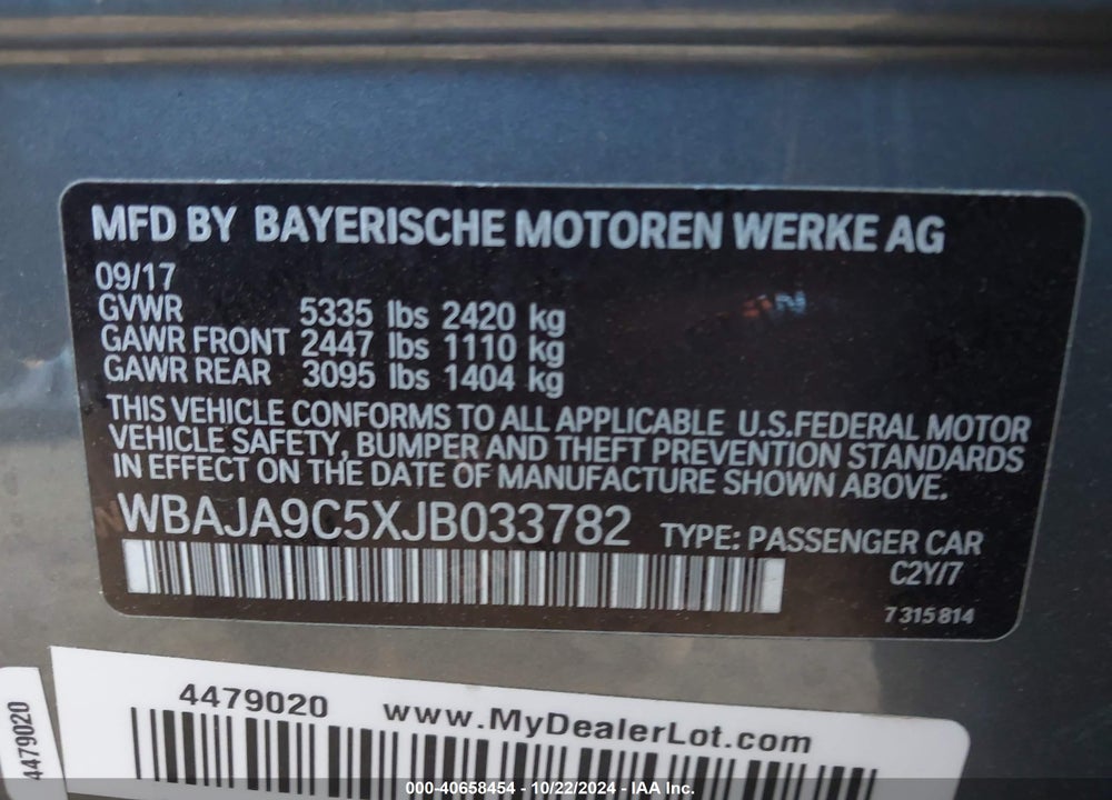 2018 BMW 530E IPERFORMANCE VIN: WBAJA9C5XJB033782