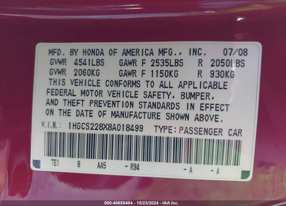 2008 HONDA ACCORD 3.5 EX-L VIN: 1HGCS228X8A018499