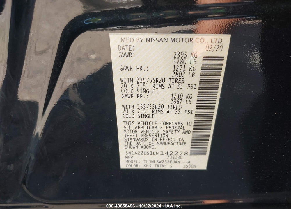 2020 NISSAN MURANO PLATINUM INTELLIGENT AWD VIN: 5N1AZ2DS1LN142278