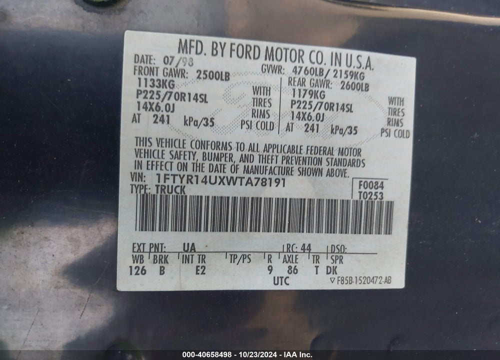 1998 FORD RANGER SPLASH/XL/XLT VIN: 1FTYR14UXWTA78191