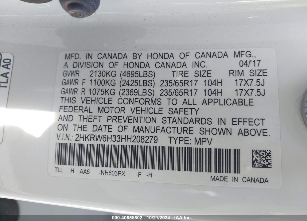 2017 HONDA CR-V LX VIN: 2HKRW6H33HH208279