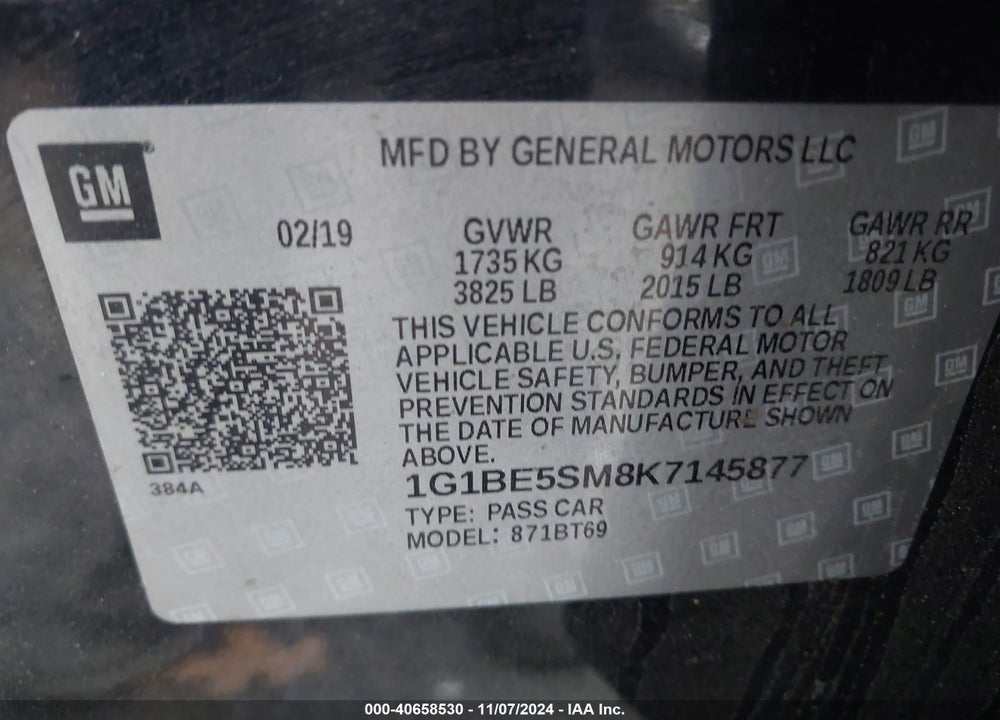 2019 CHEVROLET CRUZE LT VIN: 1G1BE5SM8K7145877