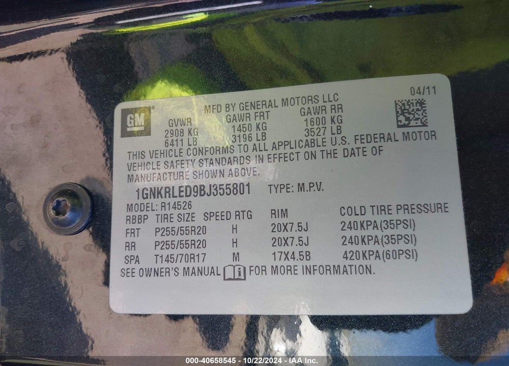 2011 CHEVROLET TRAVERSE LTZ VIN: 1GNKRLED9BJ355801