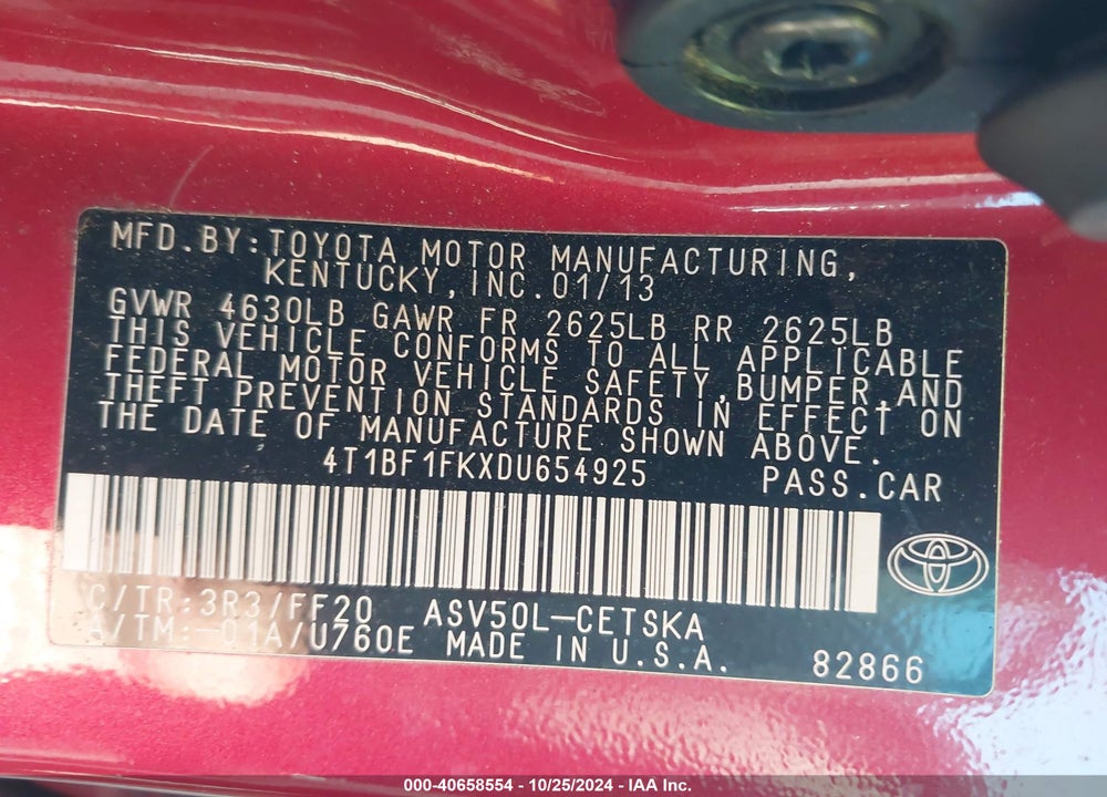 2013 TOYOTA CAMRY SE VIN: 4T1BF1FKXDU654925