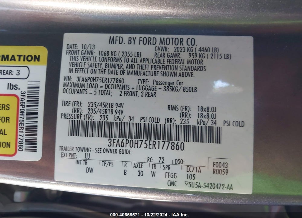 2014 FORD FUSION SE VIN: 3FA6P0H75ER177860