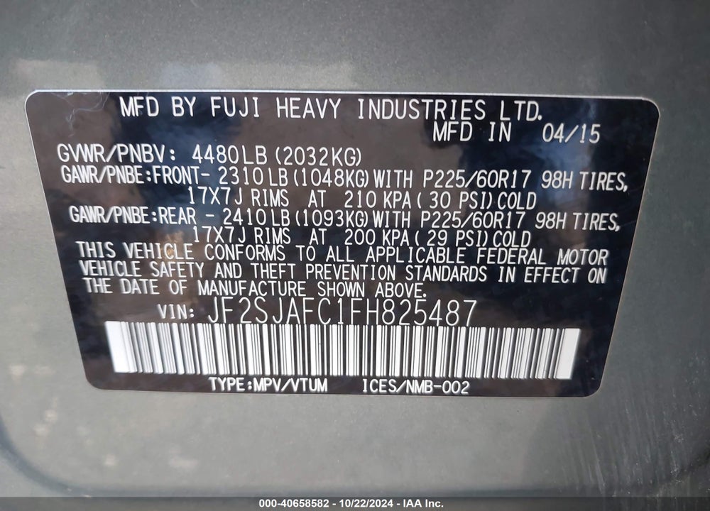 2015 SUBARU FORESTER 2.5I PREMIUM VIN: JF2SJAFC1FH825487