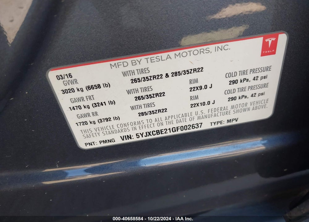 2016 TESLA MODEL X VIN: 5YJXCBE21GF002637