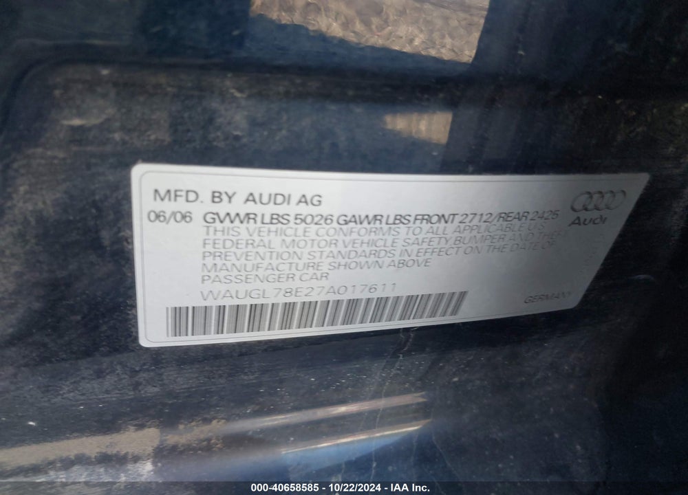 2007 AUDI S4 4.2 VIN: WAUGL78E27A017611