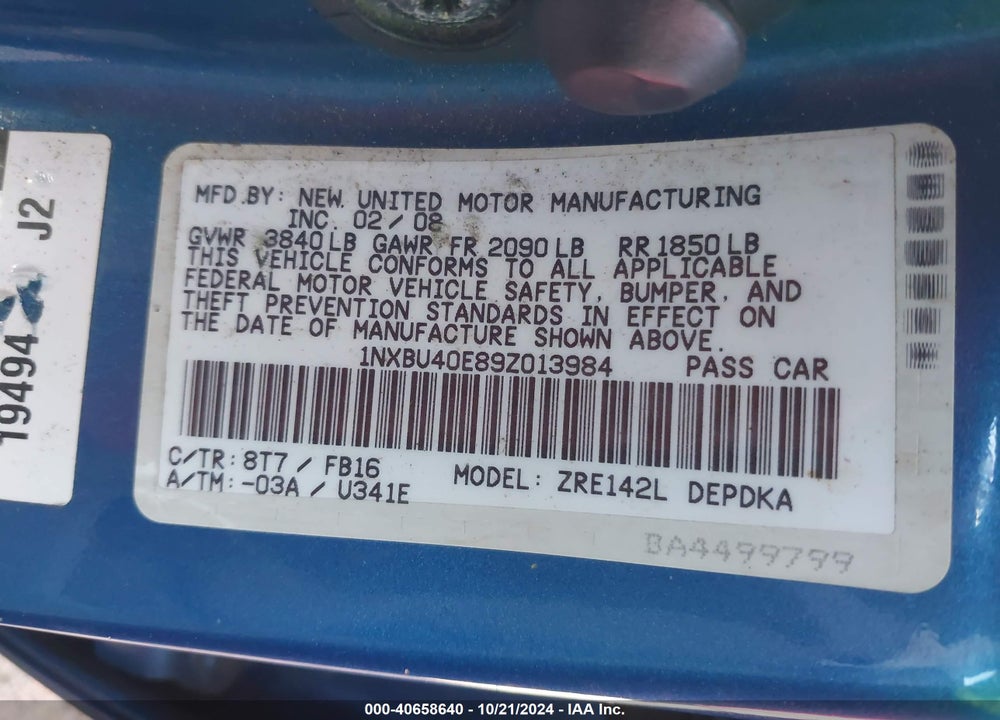 2009 TOYOTA COROLLA LE VIN: 1NXBU40E89Z013984