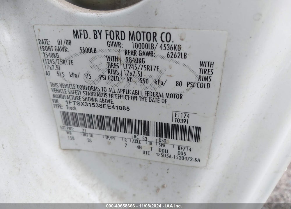 2008 FORD F 350 VIN: 1FTSX31538EE41085