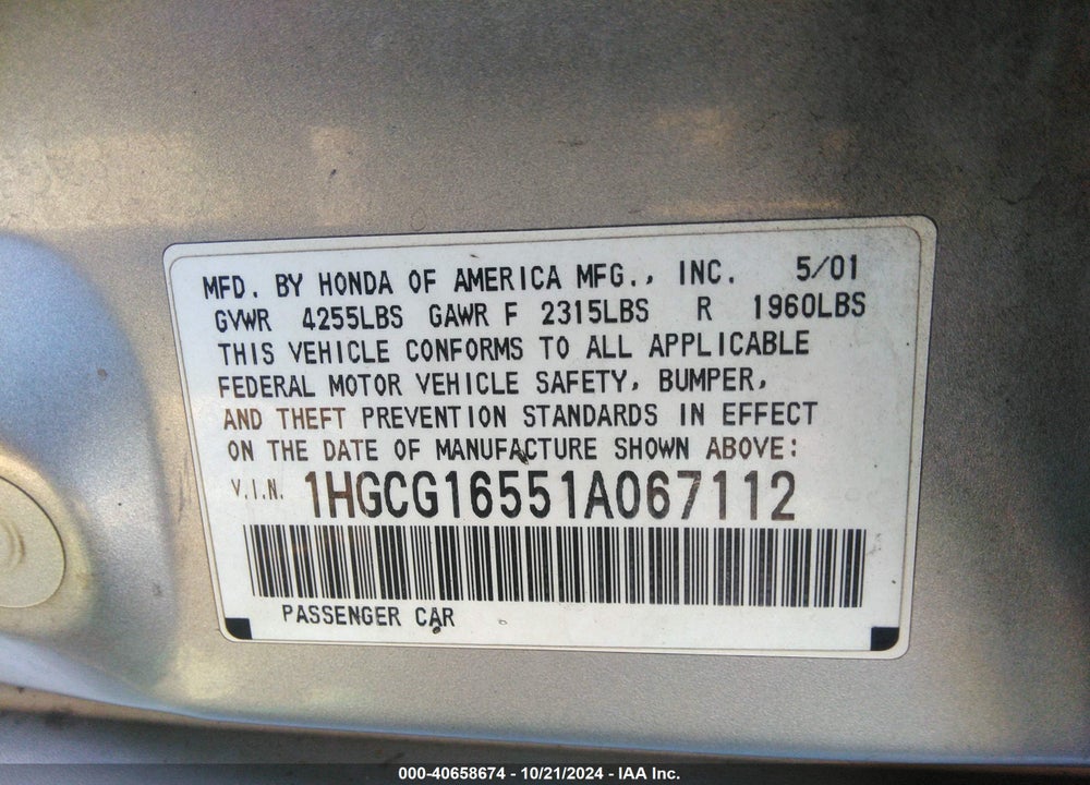2001 HONDA ACCORD 3.0 EX VIN: 1HGCG16551A067112