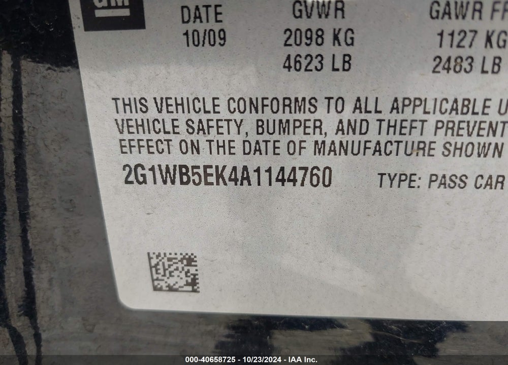2010 CHEVROLET IMPALA VIN: 2G1WB5EK4A1144760