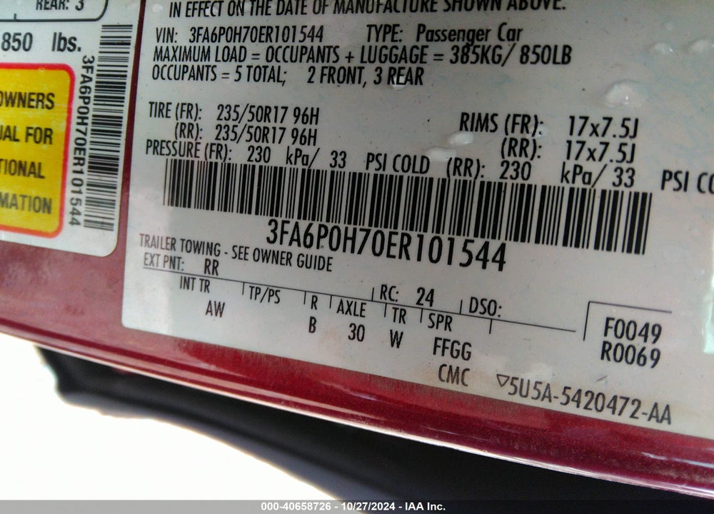2014 FORD FUSION SE VIN: 3FA6P0H70ER101544
