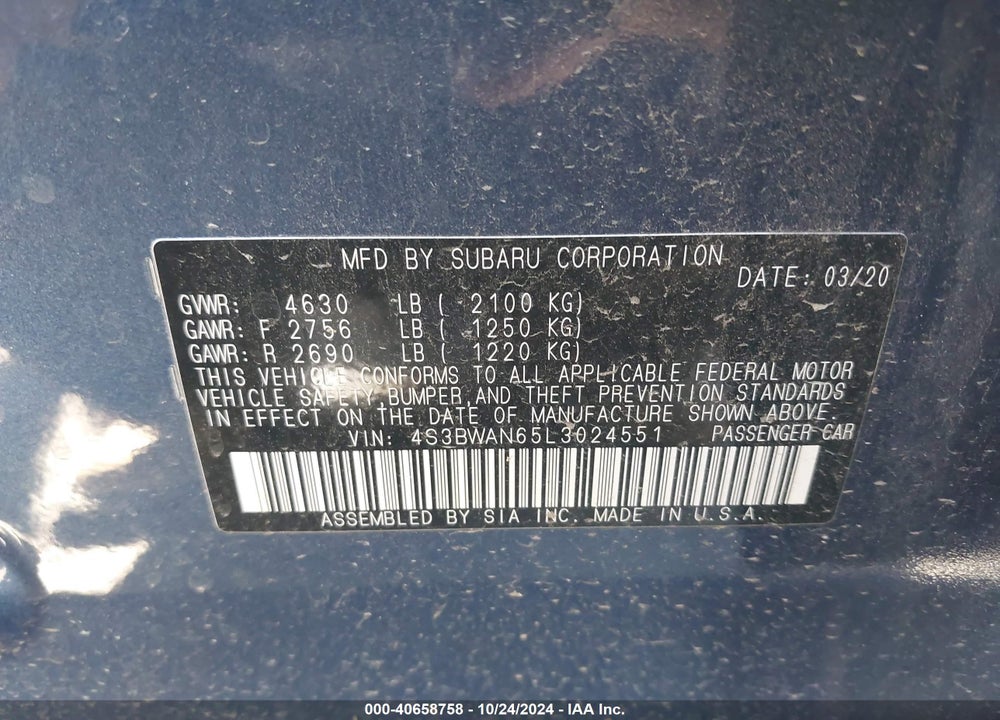2020 SUBARU LEGACY LIMITED VIN: 4S3BWAN65L3024551