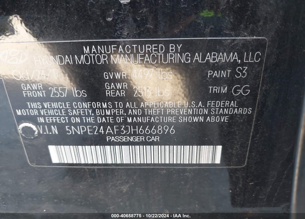 2018 HYUNDAI SONATA SE VIN: 5NPE24AF3JH666896