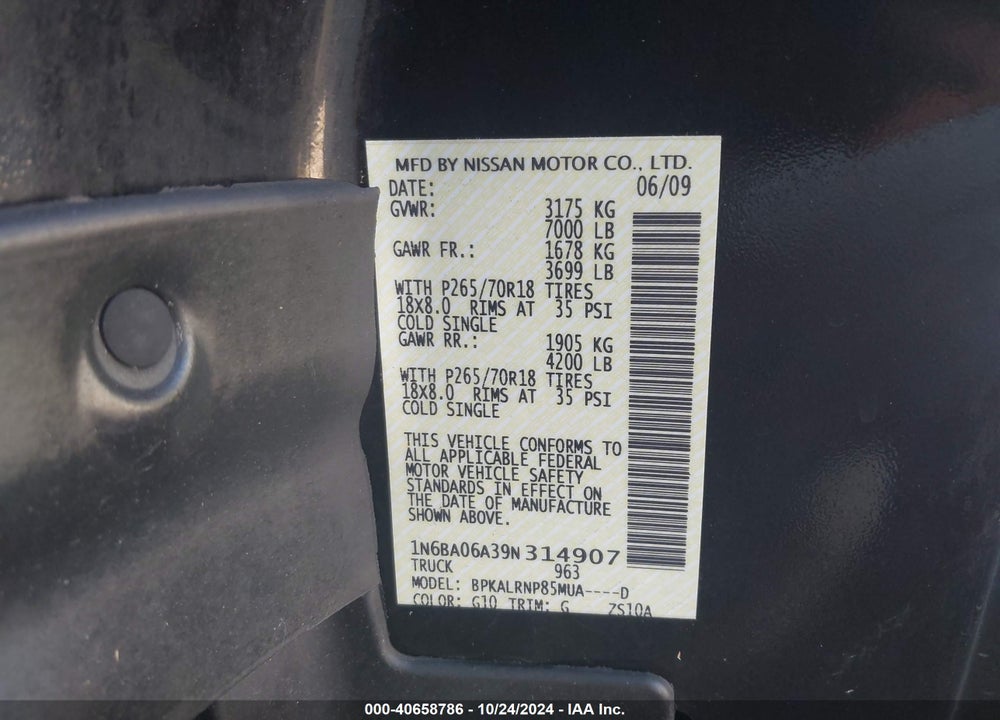 2009 NISSAN TITAN XE VIN: 1N6BA06A39N314907